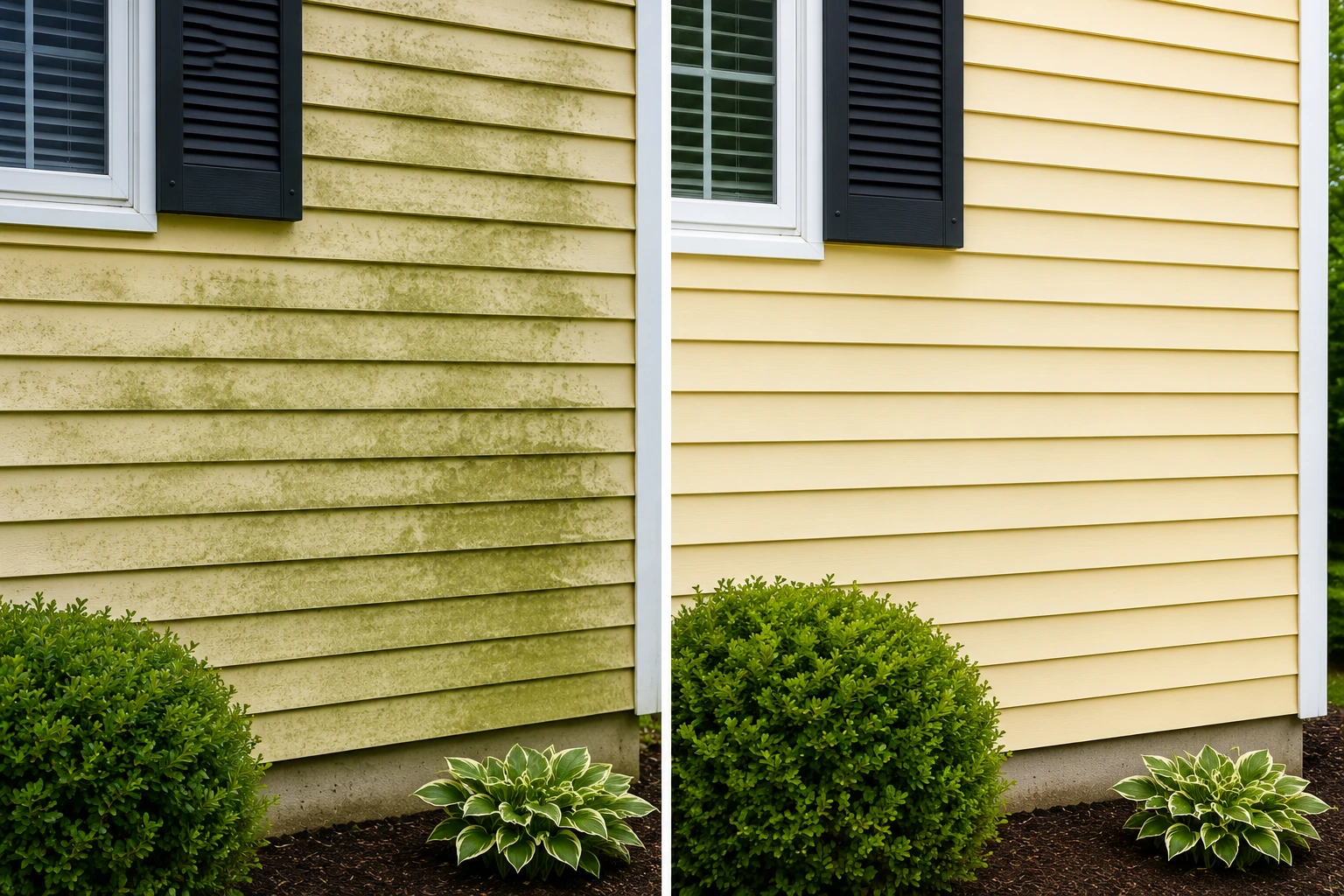 Before and after vinyl siding cleaning showing green algae and mildew removed from a yellow vinyl-sided home in Westchester County NY