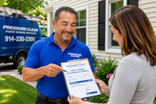 Mario from Pressure Clear Power Washing provides a free vinyl siding cleaning estimate to a homeowner in Westchester NY.
