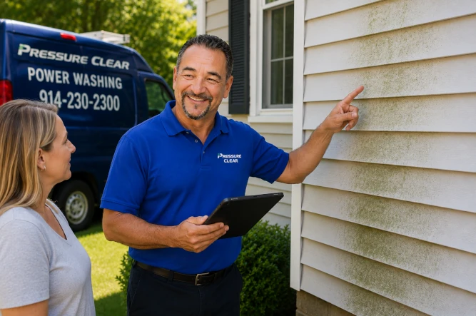 Pressure Clear technician Mario inspecting vinyl siding with homeowner during a free exterior inspection in Westchester County NY