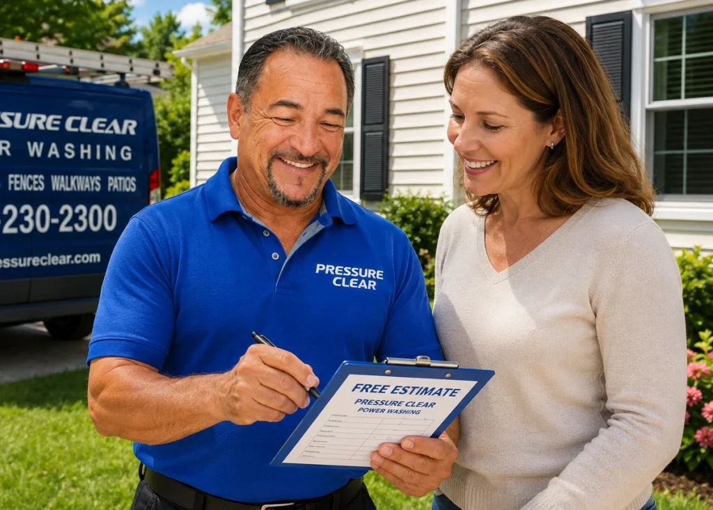 Mario from Pressure Clear Power Washing providing a free vinyl siding cleaning estimate to a homeowner in Westchester NY.