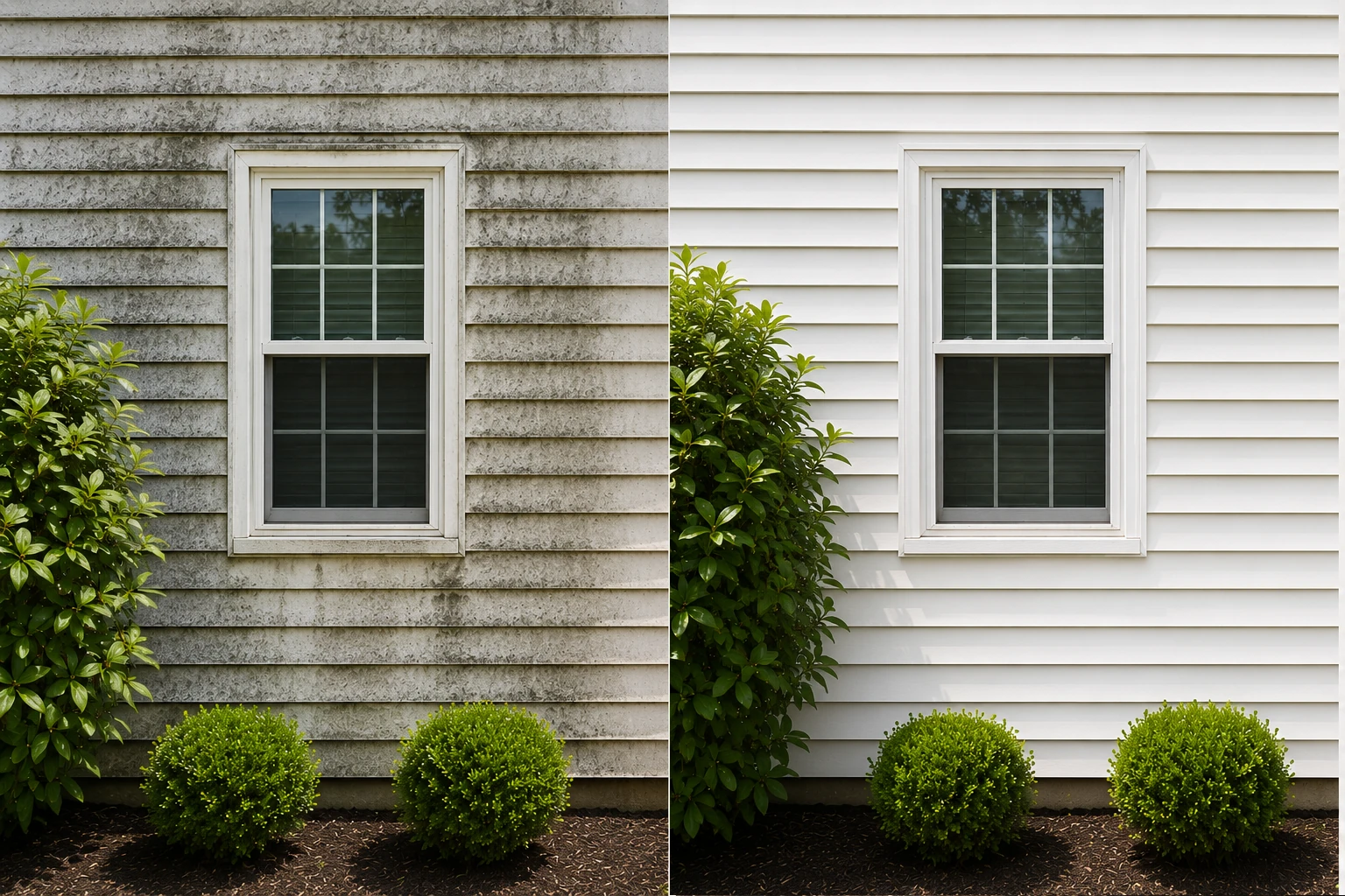 Before and after vinyl siding cleaning showing mold and mildew removal from a residential home.