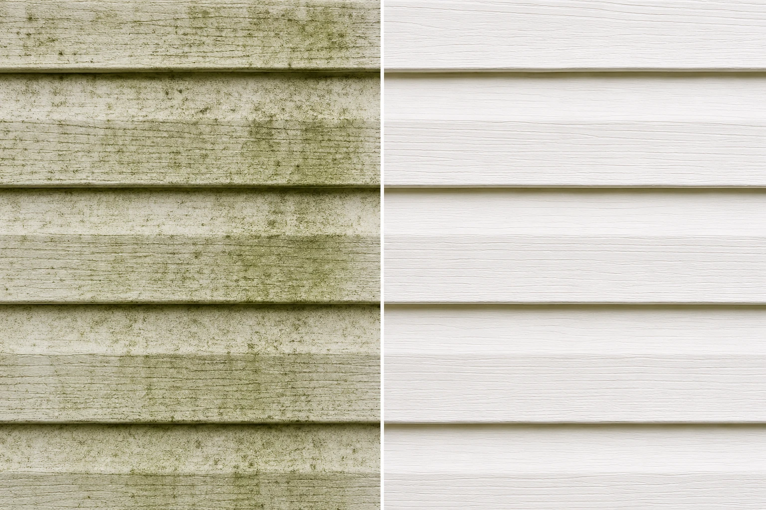 Close-up before and after vinyl siding restoration showing algae, dirt, and grime removed with professional soft washing