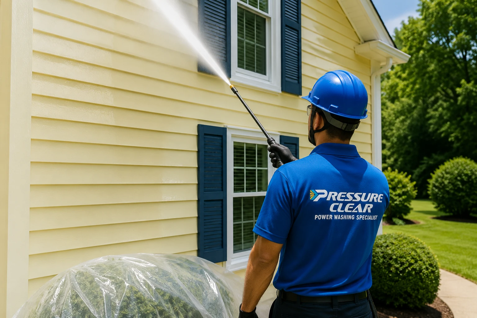 Pressure Clear technician applying a professional soft wash solution to vinyl siding during an exterior house washing service in Westchester County NY