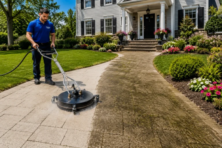 Pressure Clear technician professionally cleaning a decorative concrete walkway with a commercial surface cleaner at a luxury home in Bronxville, NY.