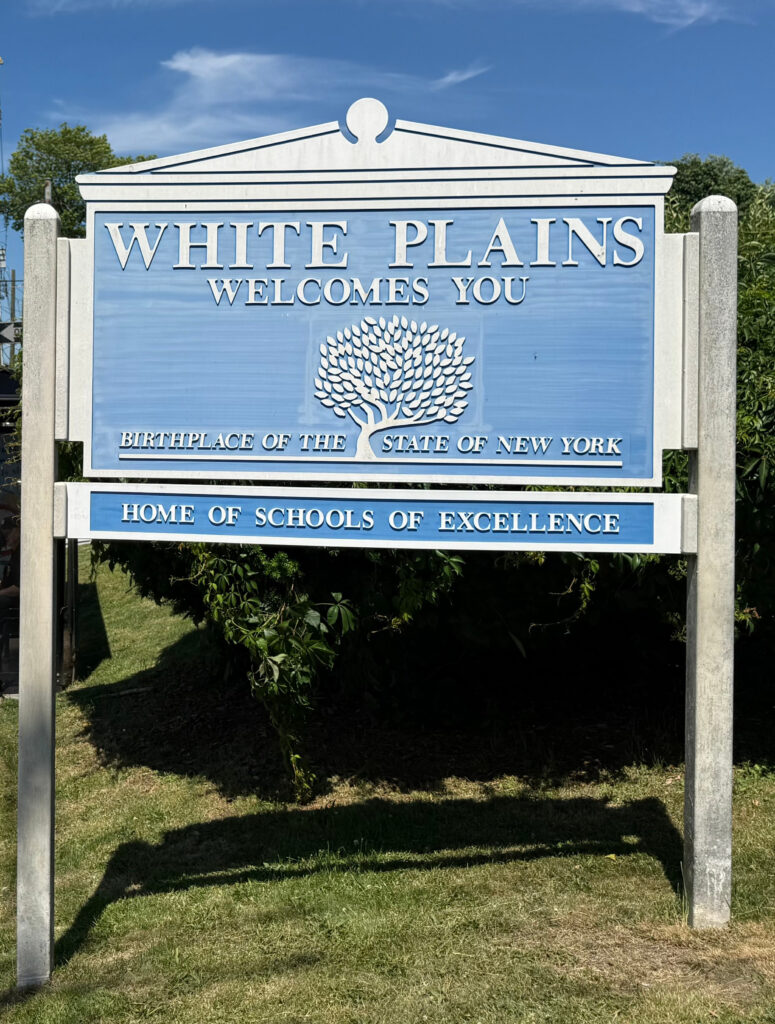 Welcome to White Plains NY sign representing the community served by Pressure Clear Power Washing in Westchester County