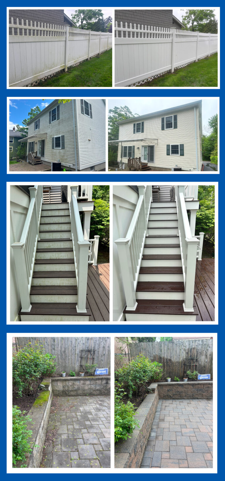 Collage of exterior cleaning services in White Plains NY including fence cleaning, vinyl siding washing, deck restoration, step cleaning, and stone patio power washing.