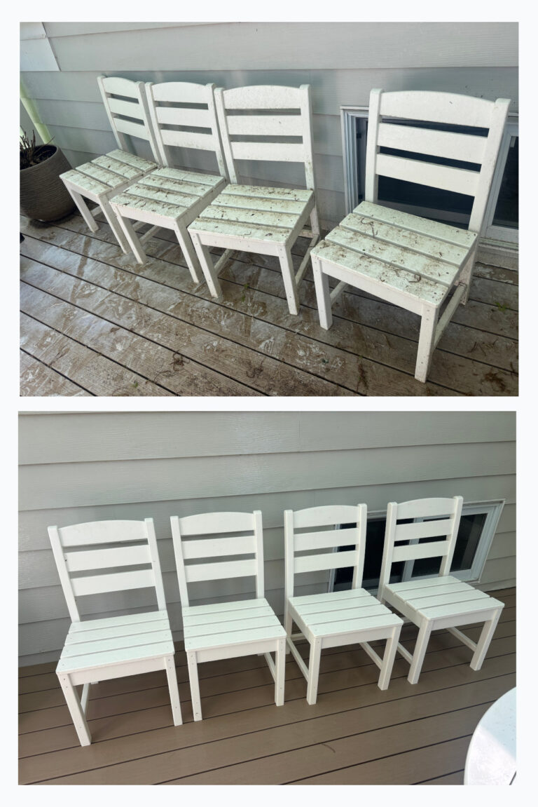 Before and after patio furniture cleaning service in White Plains NY showing restored outdoor chairs cleaned by Pressure Clear Power Washing
