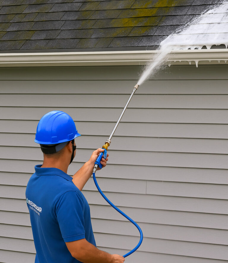 Technician performing roof cleaning service on a White Plains NY home to remove algae, moss, and black roof stains