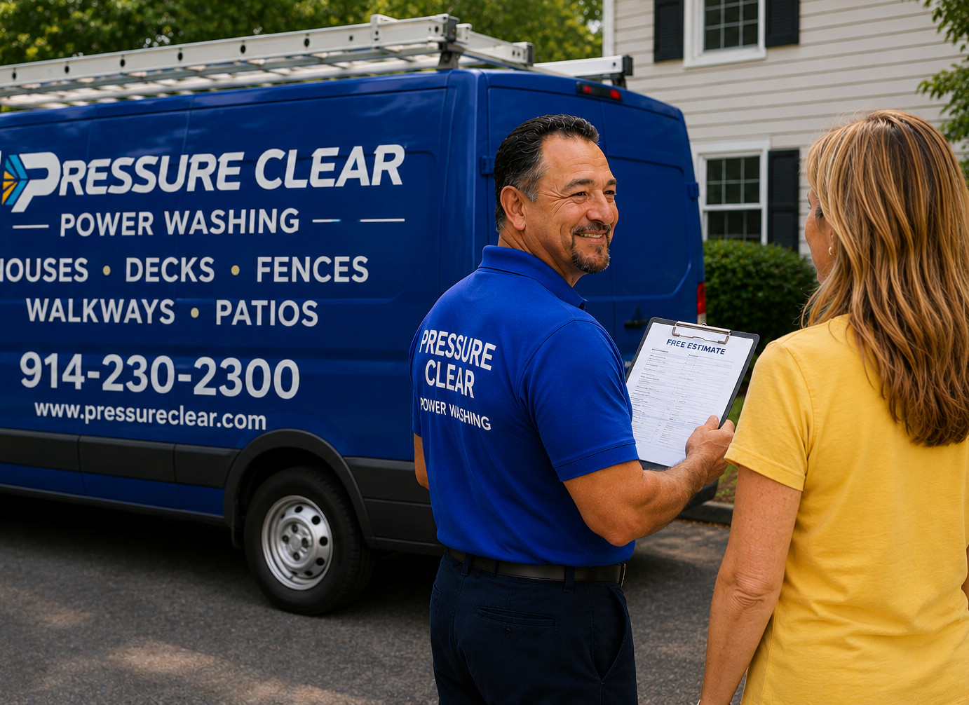 Mario Perez providing a free power washing estimate to a White Plains homeowner beside the Pressure Clear Power Washing service van.