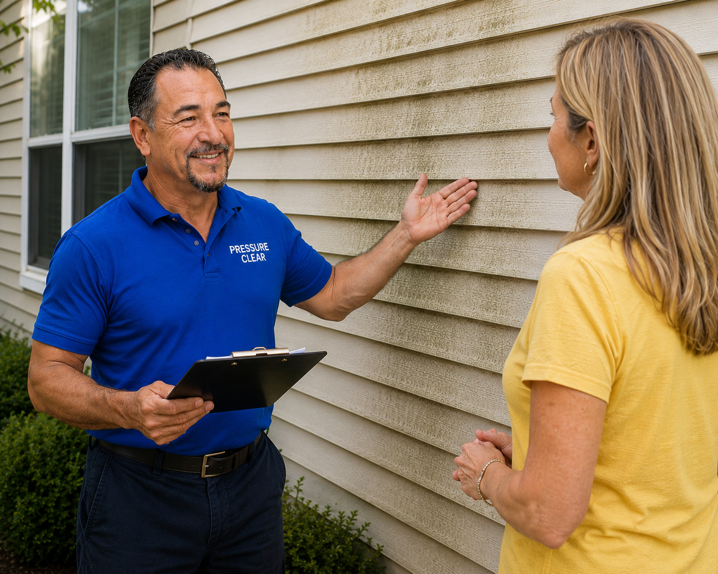 Pressure Clear Power Washing owner Mario Perez discussing vinyl siding cleaning recommendations with a White Plains homeowner during a property evaluation.