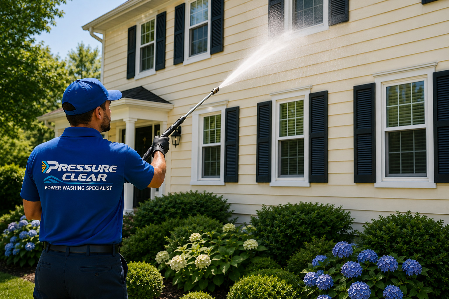 Pressure Clear technician professionally washing vinyl siding on a Briarcliff Manor NY home