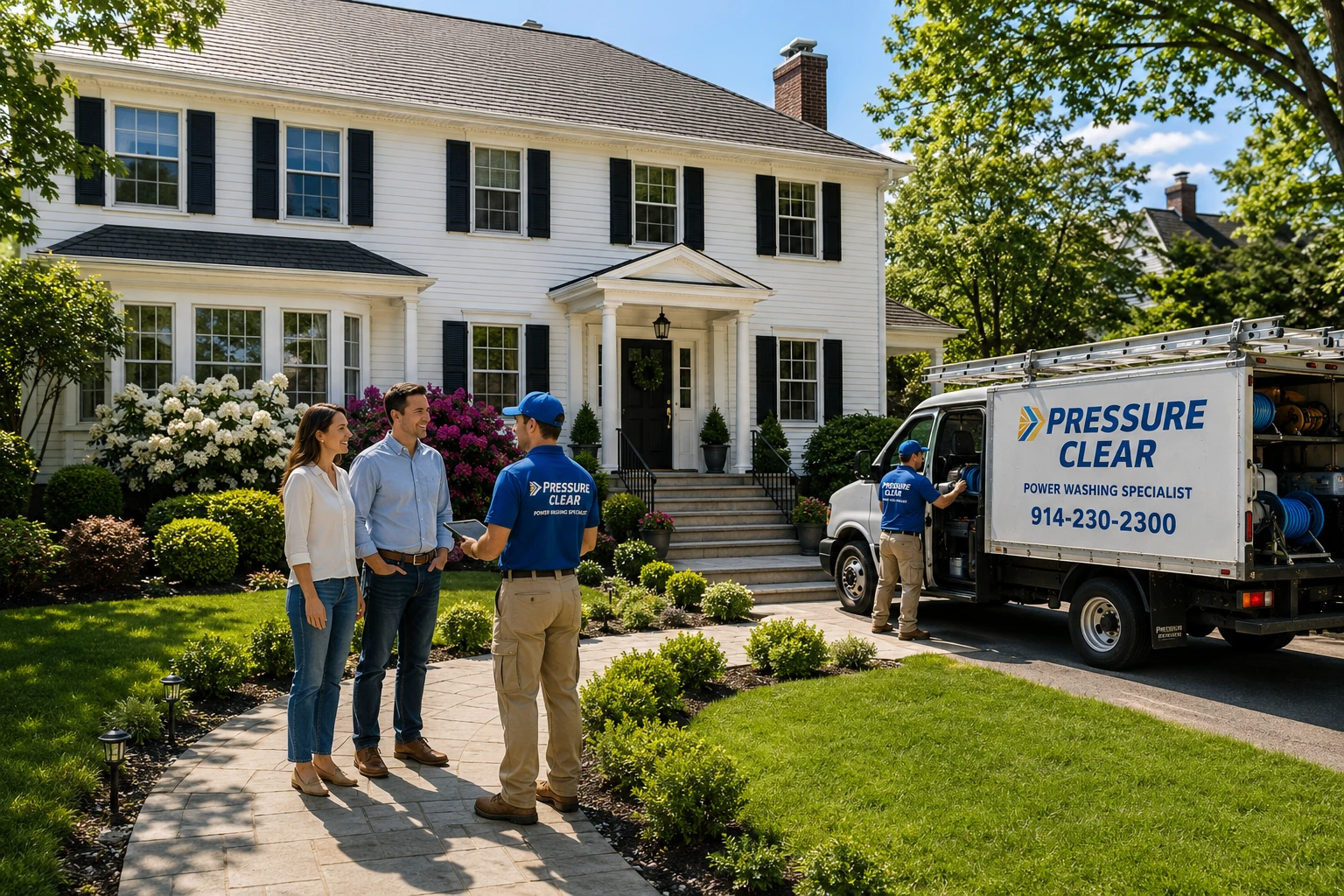 Pressure Clear Power Washing technician consulting with happy homeowners in front of a beautifully cleaned home in Ardsley, NY while another technician loads equipment into the company service truck.