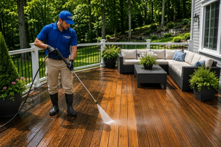 Pressure Clear Power Washing technician professionally cleaning a cedar deck at a beautiful Ardsley, NY home, restoring the natural beauty of the wood.