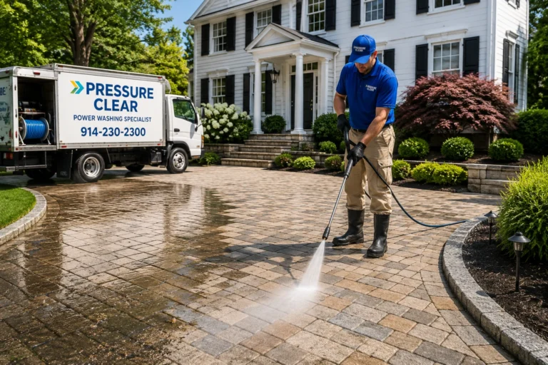 Pressure Clear Power Washing technician cleaning a residential paver driveway in Ardsley, NY while a company service truck is parked nearby.