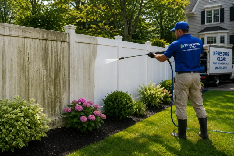 Pressure Clear Power Washing technician cleaning a white vinyl fence at a beautiful Ardsley, NY home, removing algae, mildew, and years of organic staining.