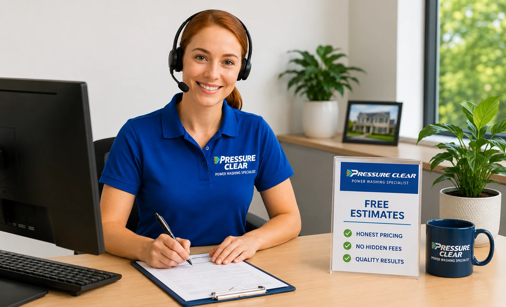 Friendly Pressure Clear Power Washing customer service representative providing a free exterior cleaning estimate for a homeowner in Ardsley, NY.