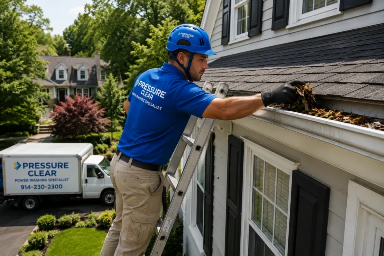 Pressure Clear Power Washing technician cleaning gutters by hand on a beautiful Ardsley, NY home while safely working from an extension ladder.