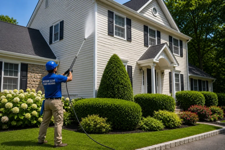 Professional technician soft washing vinyl siding on a beautiful home in Ardsley, NY using a long pressure washing wand.