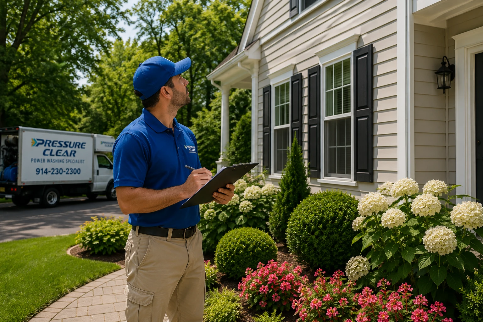 Pressure Clear Power Washing technician performing a pre-service exterior inspection of a home in Ardsley, NY before beginning professional power washing.