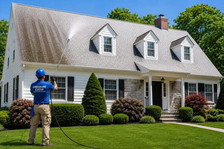Pressure Clear Power Washing technician performing professional soft roof washing on an asphalt shingle roof in Ardsley, NY using a long extension wand to safely remove black algae and organic staining.