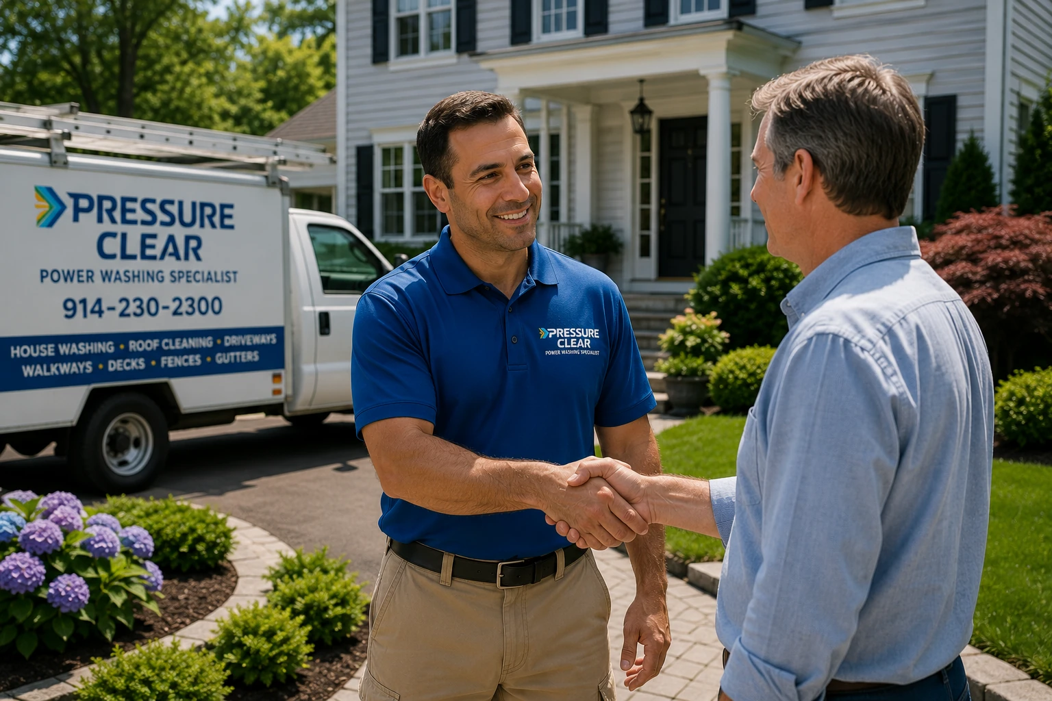 Pressure Clear Power Washing technician shaking hands with a satisfied homeowner after completing an exterior cleaning project at a beautiful home in Ardsley, NY.