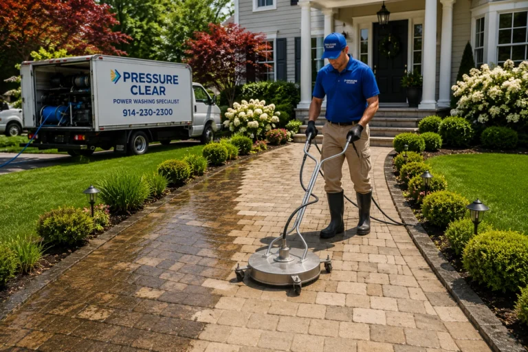Pressure Clear Power Washing technician professionally cleaning a paver walkway at a beautiful Ardsley, NY home using a commercial surface cleaner.