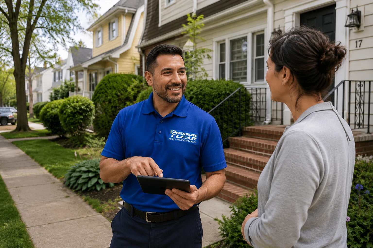 Pressure Clear Power Washing technician providing a free exterior cleaning consultation to a Yonkers homeowner.